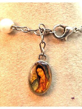 Pearl & Crystal Rosary Bracelet With Mother Mary Charm - Adjustable